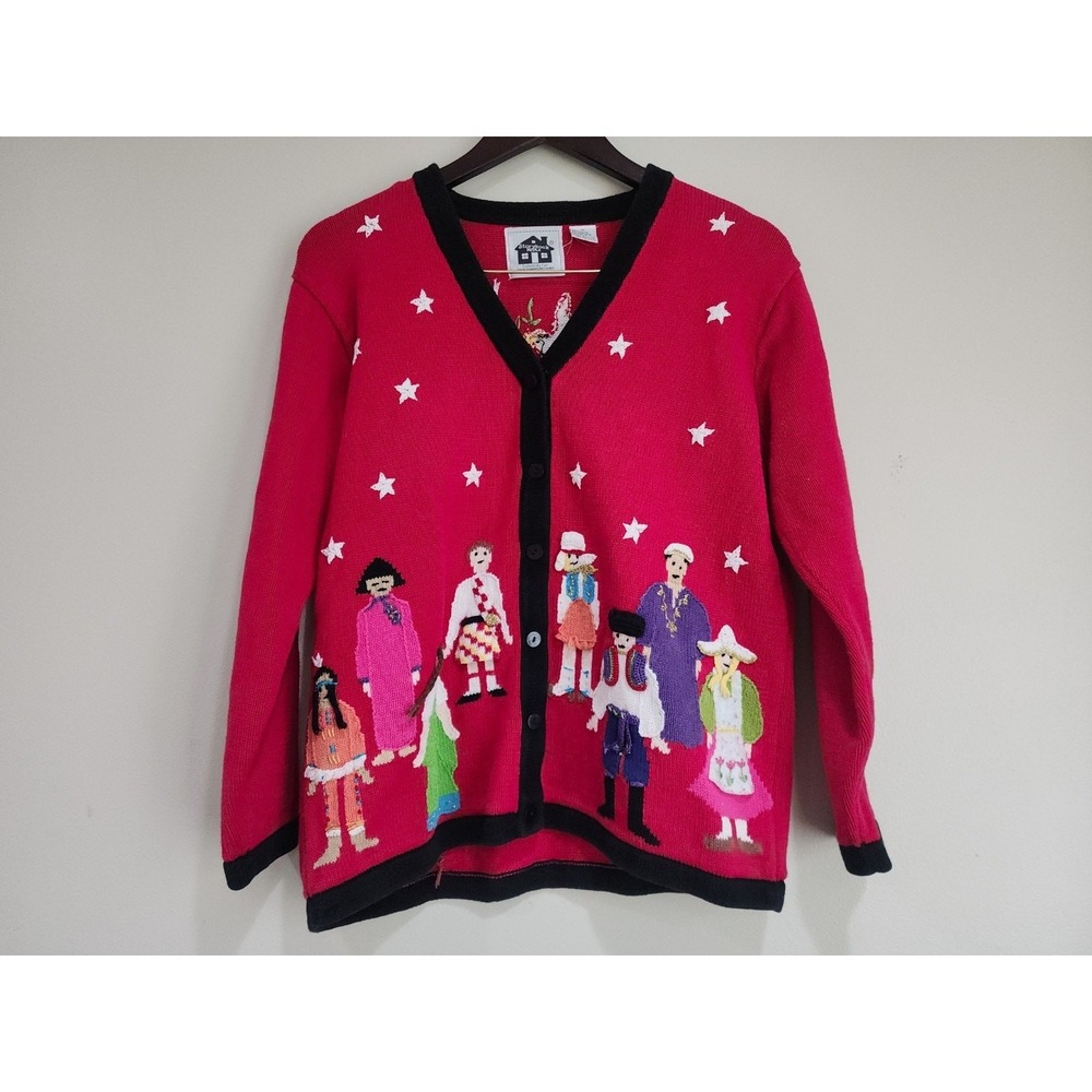 Vtg Y2K Storybook Knits Cardigan Sweater Women M Red World Unity Peace Diversity
